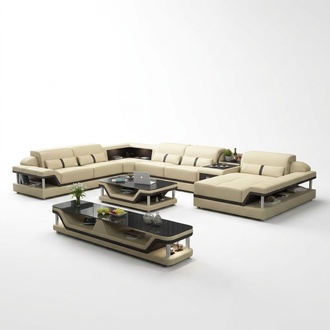 Ecksofa Beige mit Couchtisch 2tlg. Wohnzimmer Ledersofa Set Eckgarnitur Tisch