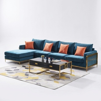 Ecksofa L Form Couchtisch Sofa Couch Design Polster Luxus Blau Tisch 2tlg Metall !