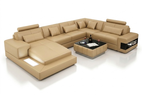 Ecksofa Ledersofa Polster Wohnlandschaft Couch Sofa Eckgarnitur U Form Beige neu