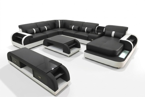 Ecksofa Polster Ecksofa U Form Couchtisch Sideboard Ledersofa Wohnlandschaft Neu