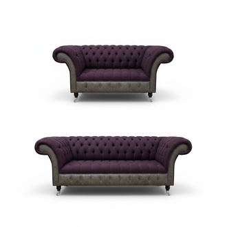 Edle Designer Chesterfield Knopf Garnitur Textil Polster Sitz Leder 3+1 Sitzer