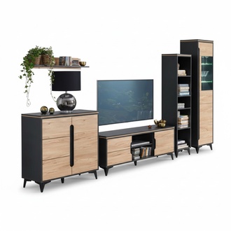 Edle Designer Wohnwand Grau Beige Wohnwände Vitrine Kommode Wohnzimmer
