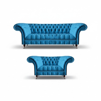 Edle Himmelblaue Chesterfield Garnitur Designer 3-Sitzer Zweisitzer Set