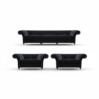Edle Schwarze Chesterfield Wohnzimmer Sitzgarnitur Dreisitzer Sessel