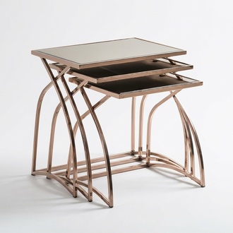 Set von 3 Nesting Tischen mit Spiegelplatte und Roségoldenem Metallgestell