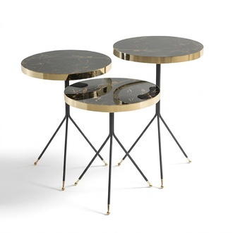 Design Beistelltisch Set in Marmoroptik mit Goldenen Details und Schwarzem Gestell