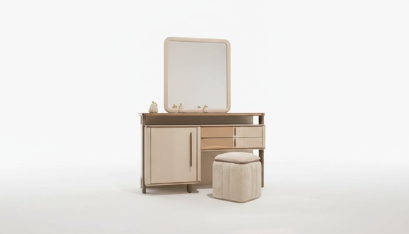 Eleganter Beigefarbener Schminktisch mit Spiegel und Puff aus Holz
