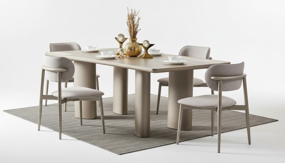 Eleganter Beiger Esstisch mit Holzbeinen und 4 Textilstühlen