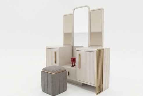 Eleganter Beiger Schminktisch mit Spiegel und Hocker aus Holz