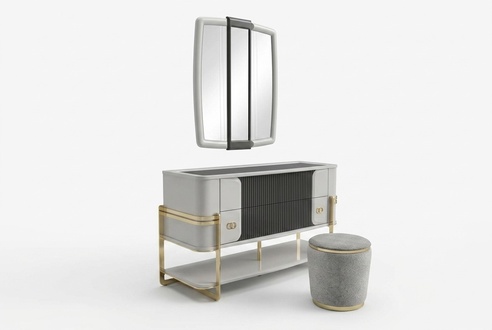Eleganter Beigeton Holz Schminktisch mit Spiegel und Hocker