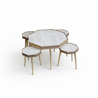 Set von 4 Geometrischen Nesting Tischen mit Holzrahmen und Weißen Tischplatten