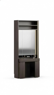 Eleganter brauner Schminktisch aus Holz mit Spiegel.