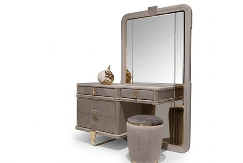 Eleganter grauer Schminktisch mit Spiegel und Hocker aus Holz