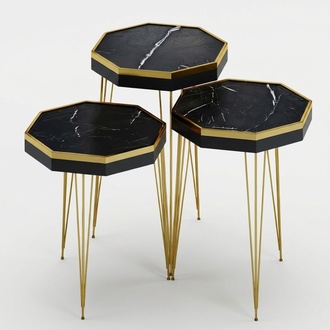 Designer Couchtisch Set Oktagon Schwarz-Gold mit Metallbeinen