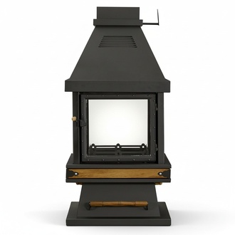 Eleganter schwarzer freistehender Kamin aus Edelstahl und Holz