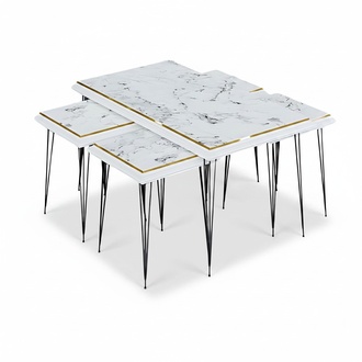 Eleganter weißer Couchtisch mit Beistelltischen aus MDF und Edelstahl