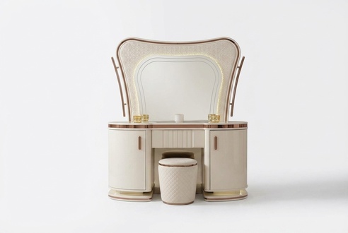Eleganter Weißer Schminktisch mit Spiegel und Hocker aus Holz
