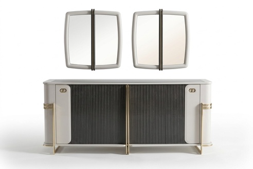Elegantes Beiges Holz Sideboard mit Spiegel in Modernem Design