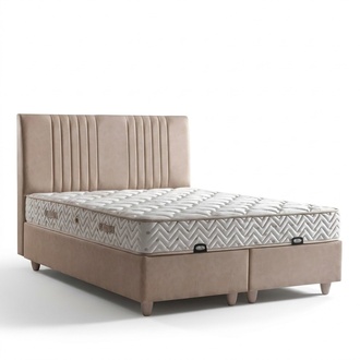 Elegantes Bett mit Matratze in Beige aus Textil und Holz