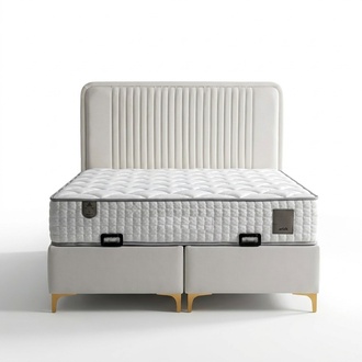 Elegantes Bett mit Matratze in Beige aus Textil und Holz