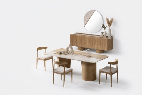 Elegantes braunes Esszimmer Set mit Esstisch, Stühlen, Sideboard