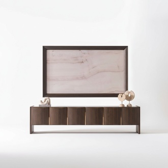 Elegantes braunes Holz TV-Lowboard mit passendem TV-Rahmen in modernem