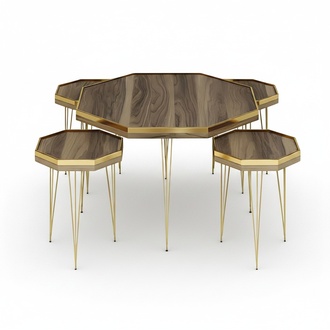 Elegantes braunes Wohnzimmer-Set aus Holz und MDF mit goldfarbenen