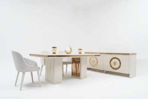 Elegantes Esszimmer Set in Beige mit Holz Tisch und Stühlen