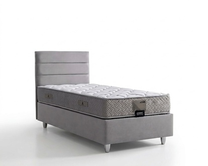 Elegantes graues Bett mit Matratze aus Textil und Holz