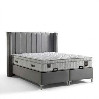 Elegantes graues Bett mit Matratze aus Textil und Holz