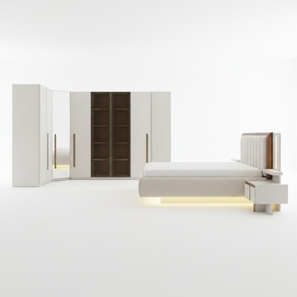 Elegantes Schlafzimmer-Set aus Holz in Beigetönen mit stilvollem