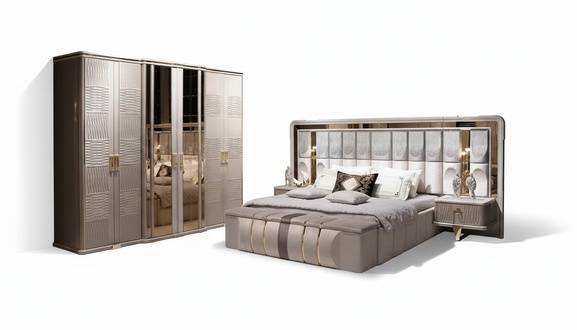 Elegantes Schlafzimmer-Set aus Holz in Beige mit modernem Design