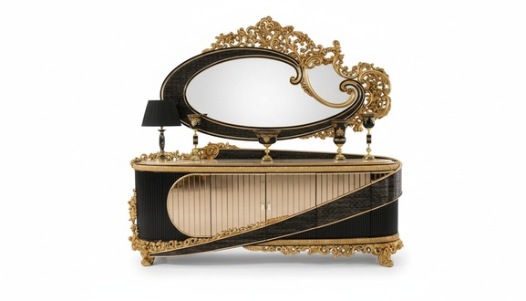 Elegantes schwarzes Holzspiegel mit goldfarbenem Rahmen