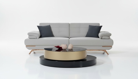 Elegantes Sofa Design Weiß Grau Polster Couch Wohnzimmer Holzfüße Modern 3Sitzer