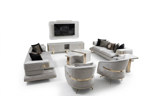 Elegantes weißes Sofa-Set aus Stoff mit Holzdetails für modernes