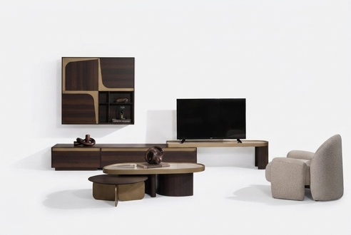 Elegantes Wohnzimmer Set aus Leder in Beige und Braun mit Holzdesign