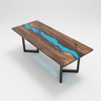 epoxid Harz Fluss Tisch Echtes Massiv Holz Blau Wasser Tissche Epoxy Möbel Neu
