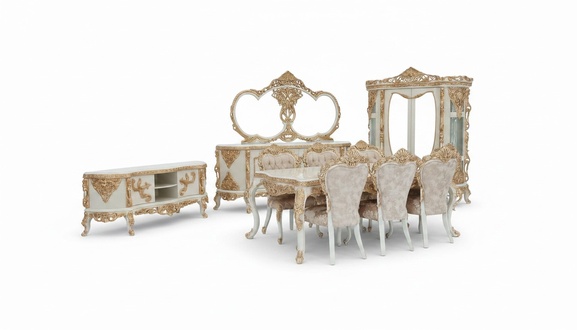 Essgruppe aus Holz Esstisch 6 Polsterstühle Sideboard+Spiegel+Vitrine Neu Modell