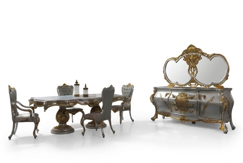 Essgruppe Esszimmer Esstisch Stühle Holz Set 11tlg Grau Barock Sideboard