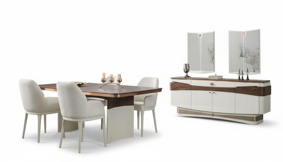 Esszimmer Komplett Esstisch 4x Polsterstühle Sideboard 2x Spiegele Weiß 8tlg
