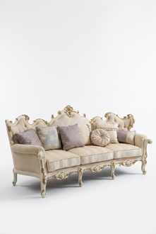 Exclusive Holz geschnitzte Viersitzer xxl Couch Barock Rokoko Textil Sofa Rund