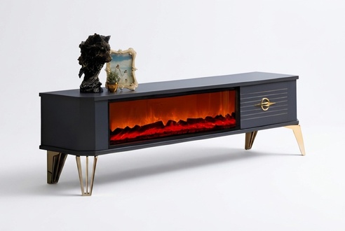 Exklusiver TV-Schrank mit goldenen Details Schublade mit Metallgriff und Kamin