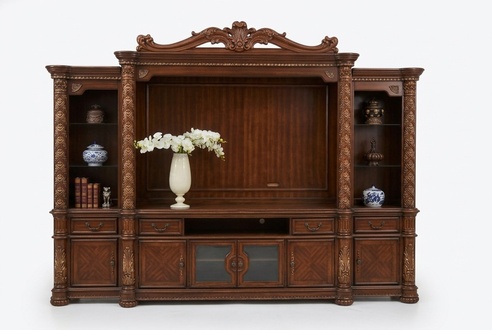 Fernseh Wand Klassisch Wohnwand Echt Handarbeit Holz Vitrine Regal Barock Rokoko