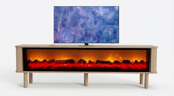 Formschöner TV-Schrank mit Holzbeinen wählbare Kaminfarbe, Musik via Bluetooth