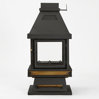 Freistehender Kamin in Schwarz aus Edelstahl Holz und Glas
