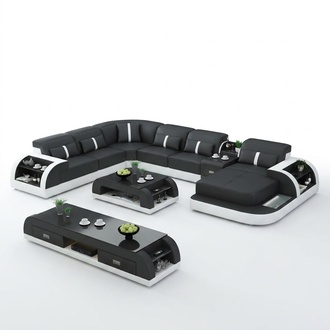 Garnitur Design Wohnlandschaft Ecksofa Sofa Couch U-Form Tisch Leder 2tlg. sets