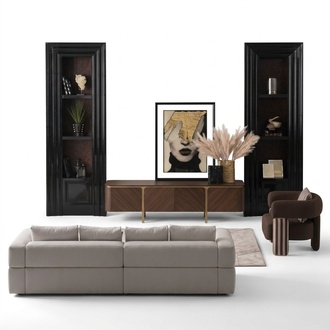 Garnitur Ecksofa Sessel Stoffsofa RTV Lowboard Beige Modern 3tlg Set