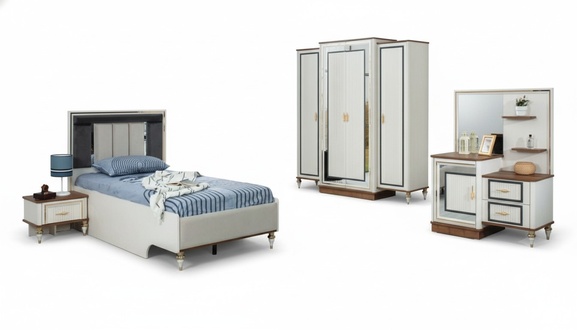 Garnitur Kinderzimmer Bett Kinderbett Kindermöbel Weiß Holz Set 5tlg