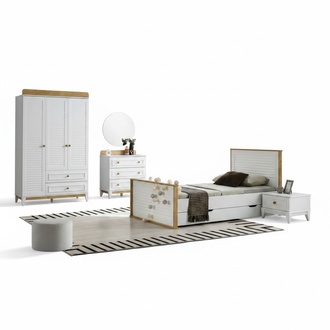 Garnitur Kinderzimmer Jugendbett Bettrahmen Bett Set 4tlg Holz Weiß Schlafzimmer