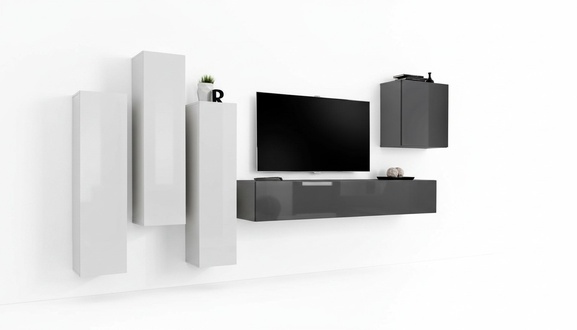 Garnitur Wohnwand Komplett Wohnzimmer Grau Sideboard TV-Ständer Wandschrank